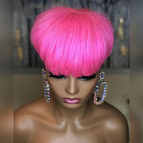 Hot Pink Pixie Cut Human Hair Wigs Full Bang 100% Brazilian Hair for Black Women