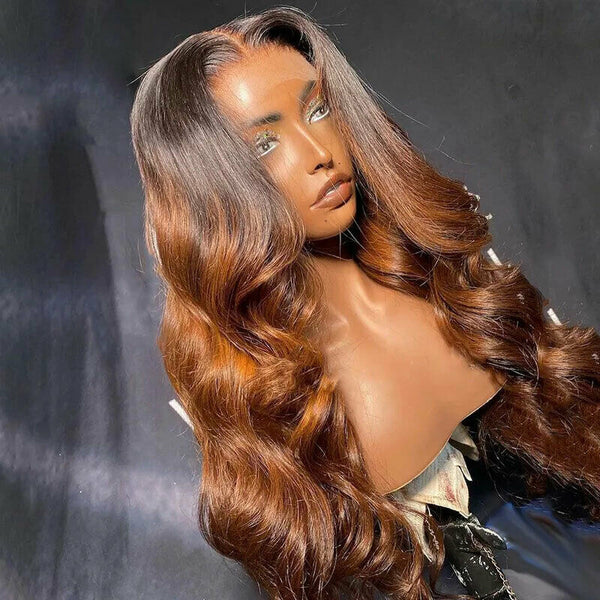 New Ombre Brown Hair Lace Front Wig Synthetic Body Wave Heat Resistant For Women