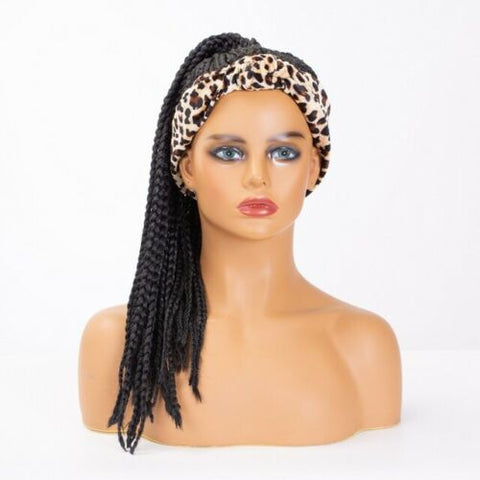 Box Braid Headband Wig Black 2 in 1 Head Wrap Wigs for Women with Turba