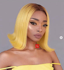 Women Yellow Lace Front Wigs Fashion Party Wigs Short Bob Wigs with Dark Roots
