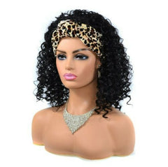 Women Deep Curly Synthetic Headband Wig Black Heat Safe with Headscarf Cospaly