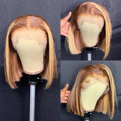 Short Straight 4X4 Lace Front Human Hair Wigs Brown Omber Blonde Highlight Wig