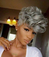 Short Synthetic Gray Curly Wigs Pixie Afro Wavy Wigs for Black Women Party Wigs