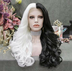 Synthetic Lace Front Wig Half White Half Black Wigs For Women Two Tone Body Wave