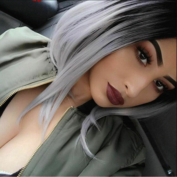 Women Short Bobo Wig Black Gray Ombre Wigs Straight Synthetic Hair Cosplay Wig