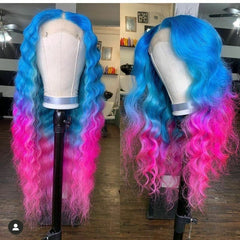 Women Glueless Long Curly Wave Blue Rose Pink Lace Front Wig Heat Safe Wigs