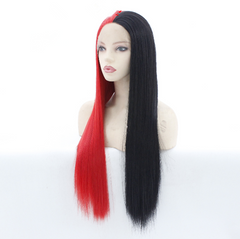 20'' Half Black And Half Red Wig Long Straight Women Lace Front Wig Synthentic