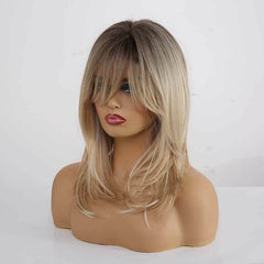 Women Brown Mixed Natural Blonde Wavy Ombre Synthetic Hair Wigs With Bangs
