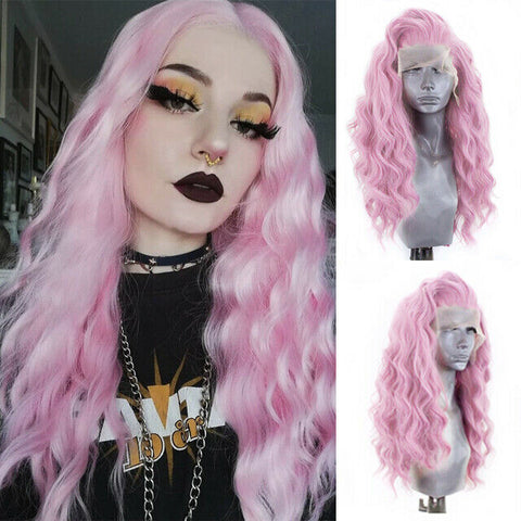 Synthetic Lace Front Wig 4x4 Natural Glueless Light Pink Wigs Wavy For Women 24"