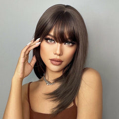 Shoulder Length Dark Brown Wigs Straight Synthetic Hair Wig With Bangs Daily