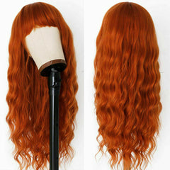 Long Wavy Wigs With Bangs Synthetic Hair Heat Safe Wigs For Womans Daily Orange