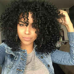Black Full Wig Afro Natural Kinky Curly Wig with Bangs for Afro Women Daily Use