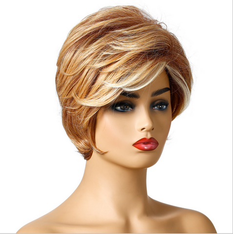 Short Pixie Cut Wig for Women Brown Hair Highlight Light Blonde Wigs with Bangs