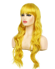 Women's Long Curly Wavy Yellow Wig Natural Looking Cosplay Synthetic Colorful Bangs Wig for Costume Halloween