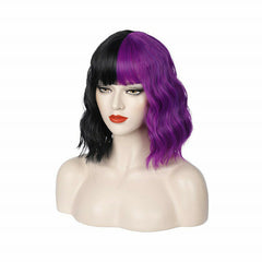 Half Black and Half Purple Wig 2-Tone Dyed with Bangs Short Curly Wavy Bob Wig
