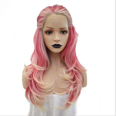 Long Ombre Pink Blonde Lace Front Wigs Body Fancy Wave Synthetic Glueless Wigs