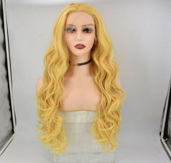 Long Synthetic 13x4 Lace Front Wig Golden Yellow Caramel Blonde Wavy Cosplay Wig