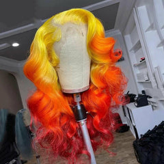 Fashion Ombre Yellow Orange Colored Synthetic Glueless Body Wave Lace Front Wigs