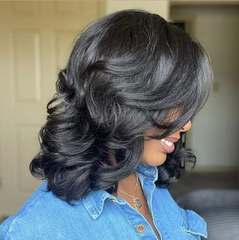 Women Lady Wigs Black Partial Bangs Short Curly Hair Synthetic Full Wigs Natural