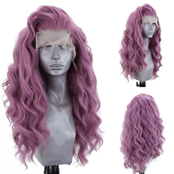 Sexy Fashion Women Purple Long Curly Synthetic Lace Front Wigs Natural Hairline