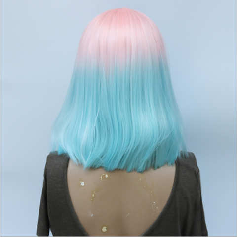 Short Bob Ombre Pink Blue Mix Cosplay Lolita Customes Party Wigs Halloween Wigs