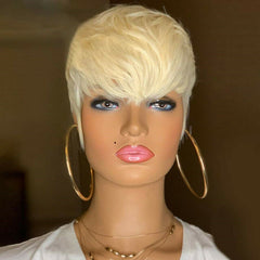 Women Short Pixie Wigs Blonde Remy Human Hair Wigs Pixie Cut Wig None Lace
