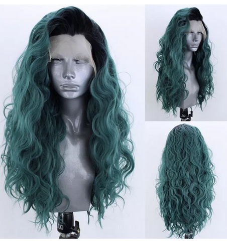 Ombre Green Synthetic Lace Front Wig Long Natural Wave Wigs for Women Side Part
