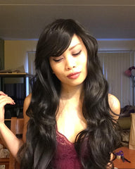 Synthetic Fiber Wigs with Free Wig Cap Black Long Curly Wavy Wig 31 Inches Hair Replacement Wig with Inclined Bangs