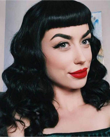 Synthetic Long Finger Wavy Wigs for Women Rockabilly Vintage Wig Audrey Hepbum Short Bang Wig Black Color