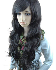 Synthetic Fiber Wigs with Free Wig Cap Black Long Curly Wavy Wig 31 Inches Hair Replacement Wig with Inclined Bangs