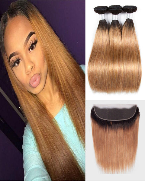 Remy Brazilian Ombre Human Hair 3 Bundles Weaves with 13x4 Lace Frontal Straight Hair 1B/27 Color