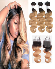 Remy Brazilian Ombre Human Hair 3 Bundles Weaves with 4x4 Lace Closure Body Wave Hair 1B/27 Color