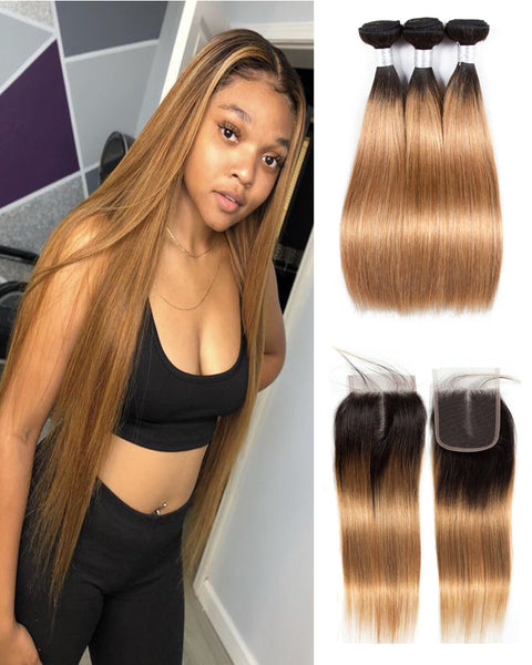 Remy Brazilian Ombre Human Hair 3 Bundles Weaves with 4x4 Lace Closure Straight Hair 1B/27 Color