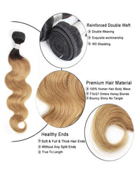 Remy Brazilian Ombre Human Hair 3 Bundles Weaves with 13x4 Lace Frontal Body Wave Hair 1B/27 Color