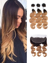 Remy Brazilian Ombre Human Hair 3 Bundles Weaves with 13x4 Lace Frontal Body Wave Hair 1B/27 Color