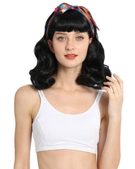 Synthetic Long Finger Wavy Wigs for Women Rockabilly Vintage Wig Audrey Hepbum Short Bang Wig Black Color