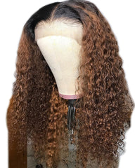 Ombre Remy Human Hair Deep Curly Wave Hair 13x6 Lace Frontal Wig 12-26inch 1B/30 Color