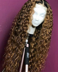 Ombre Remy Human Hair Deep Curly Wave Hair 13x6 Lace Frontal Wig 12-26inch 1B/30 Color