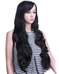 Synthetic Fiber Wigs with Free Wig Cap Black Long Curly Wavy Wig 31 Inches Hair Replacement Wig with Inclined Bangs