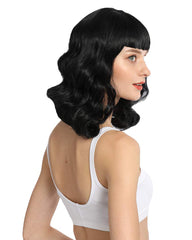Synthetic Long Finger Wavy Wigs for Women Rockabilly Vintage Wig Audrey Hepbum Short Bang Wig Black Color