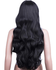 Synthetic Fiber Wigs with Free Wig Cap Black Long Curly Wavy Wig 31 Inches Hair Replacement Wig with Inclined Bangs