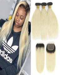 Remy Brazilian Ombre Human Hair Bundles Weaves with 4x4 Lace Closure Straight Hair 1B/613 Color