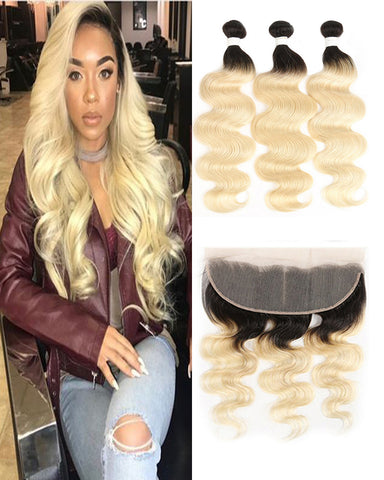 Remy Brazilian Ombre Human Hair Bundles Weaves with 13x4 Lace Frontal Body Wave Hair 1B/613 Color