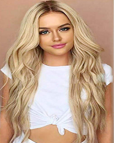 Long Wavy Wig Dark Roots Ombre Blonde Wig Middle Parting Synthetic Replacement Wig 24inch