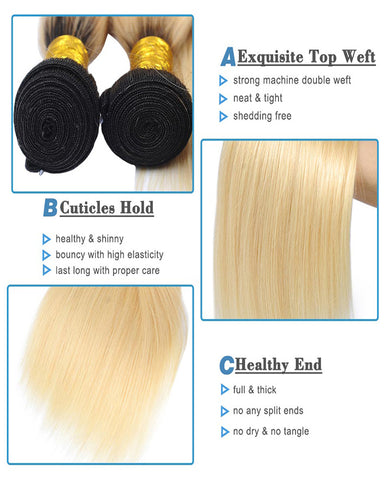 Remy Brazilian Ombre Human Hair 3 Bundles Weaves with 13x4 Lace Frontal Straight Hair 1B/613 Color