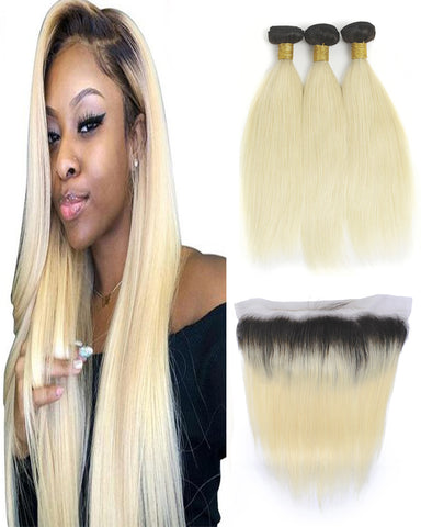 Remy Brazilian Ombre Human Hair 3 Bundles Weaves with 13x4 Lace Frontal Straight Hair 1B/613 Color