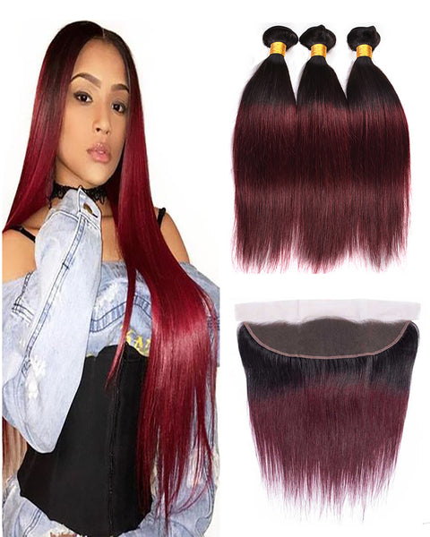 Remy Brazilian Human Hair Bundles Weaves with 13x4 Lace Frontal Straight 1B/99J Color