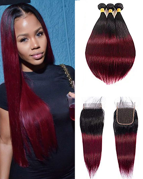 Remy Brazilian Human Hair Bundles Weaves with 4x4 Lace Closure Straight Hair 1B/99J Color