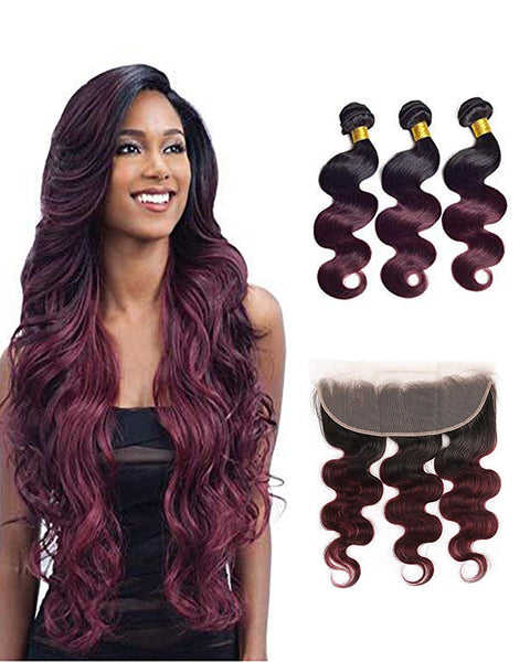 Remy Brazilian Human Hair Bundles Weaves with 13x4 Lace Frontal Body Wave Hair 1B/99J Color
