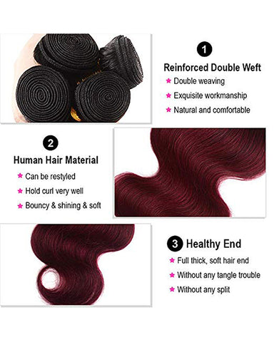 Remy Brazilian Human Hair Bundles Weaves with 13x4 Lace Frontal Body Wave Hair 1B/99J Color